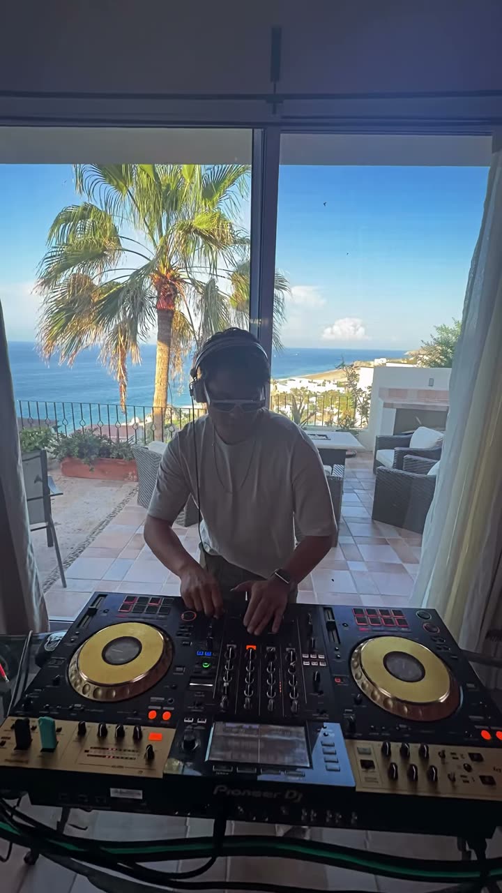 Valdi at the decks in a villa with palm trees and the ocean through the windows